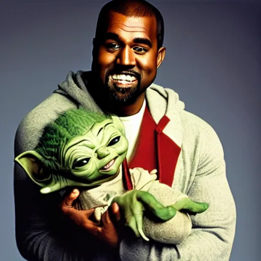 Image similar to kanye west smiling and holding yoda yoda for a 1 9 9 0 s sitcom tv show, studio photograph, portrait