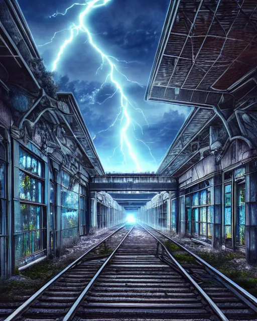 Image similar to a beautiful hyperdetailed anime illustration of railway abandoned city nature building architecture unfinished building by bernard tschumi, lightpaint dramatic lightning thermal vision architecture island tron matte painting reclaimed by nature uranus, archdaily, wallpaper, highly detailed, trending on artstation.