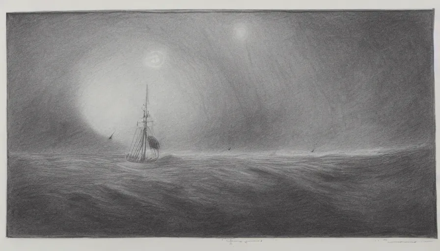 Image similar to ship on an alien planet, 1 9 th century charcoal and pencil drawing