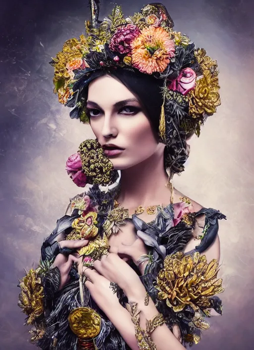 Image similar to full body photo of a female model, ornate headpiece made from flowers, ornaments, glamour shot, by karol bak, by stefan gesell, photorealistic, canon r 3, fashion photography, hyper maximalist, elegant, ornate, luxury, elite, environmental portrait, symmetrical features, octane render, unreal engine, solid dark grey background, dramatic lights