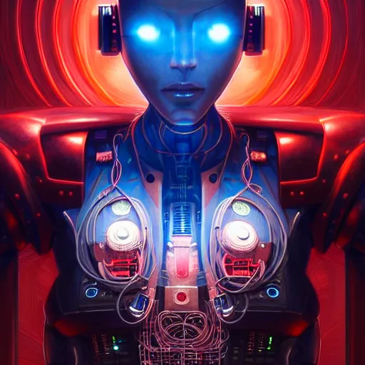 Image similar to low angle shot of a cyberpunk robot character surrounded by red computer wires, intricate, elegant, highly detailed, centered, digital painting, artstation, concept art, smooth, sharp focus, illustration, artgerm, Tomasz Alen Kopera, Peter Mohrbacher, donato giancola, Joseph Christian Leyendecker, WLOP, Boris Vallejo