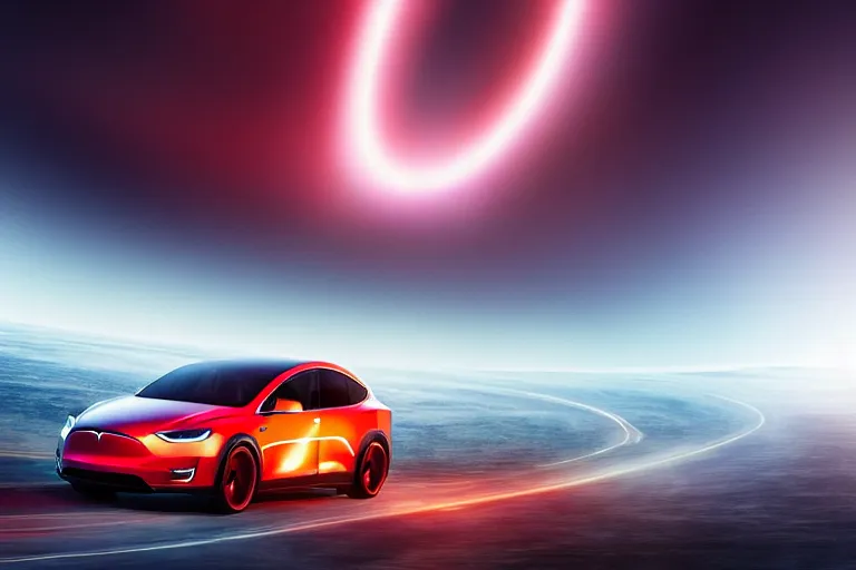 Prompt: A professional photo of a Tesla Model X car in orbit around a black hole; high-quality, dramatic lighting; extremely high detail; trending on artstation