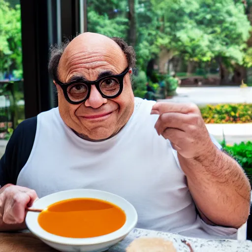 Image similar to danny devito eating soup ( sony a 7 r iv, symmetric balance, polarizing filter, photolab, lightroom, 4 k, dolby vision, photography awardm, voque, perfect face )