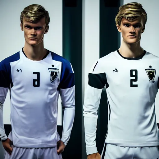 Image similar to a realistic detailed photo of a guy who is an attractive humanoid who is half robot and half humanoid, who is a male android, soccer player martin ødegaard, shiny skin, posing like a statue, blank stare, in a living room, on display, showing off his muscles, with a twin