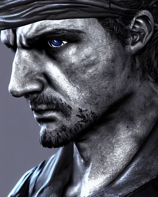 Image similar to solid snake bust portrait, cinematic lighting, anguished depressed facial expression, close - up, black atmospheric background, 4 k photography hdr