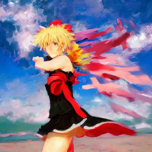 Image similar to Beautiful abstract impressionist painting of Kirisame Marisa from the Touhou project at the beach, touhou project official artwork, danbooru, oil painting by Antoine Blanchard, award winning art, oil on canvas , wide strokes, pastel colors, soft lighting