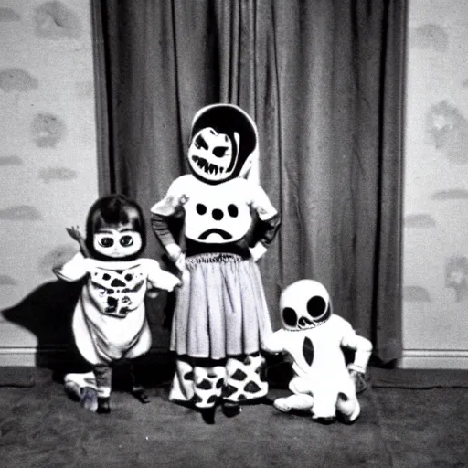 Image similar to a unsettling image of a happy childrens tv show, eerie, spooky photo, 1 9 8 0 s photo