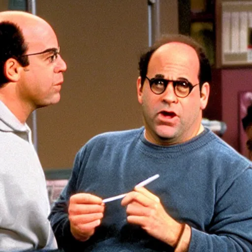 Image similar to George Costanza getting increasingly angry at Jerry Seinfeld for not getting Digimon names right.