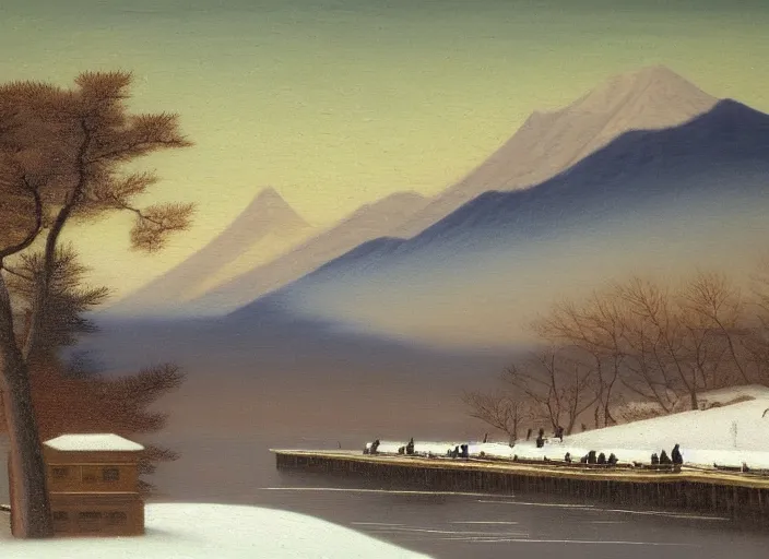 Image similar to hokkaido in winter, japan in the style of hudson river school of art, oil on canvas