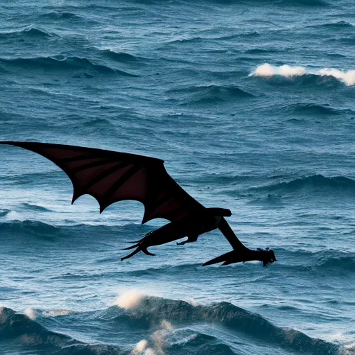 Prompt: photo of a dragon flying above the ocean