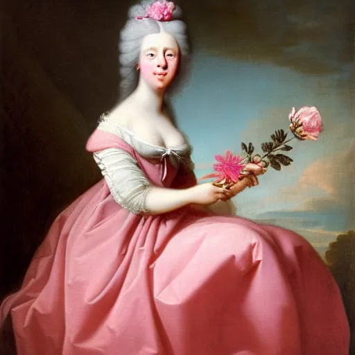 Prompt: 1 7 7 0 s full body portrait of a beautiful french princess holding a flower in her hand sitting down by joseph ducreux, highly detailed, a beautiful long pink gown, beautiful face with gentle features, pastel on parchment, circa 1 7 7 2