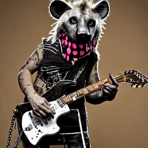 Prompt: An Anthro Hyena playing Guitar dressed as a punk rocker