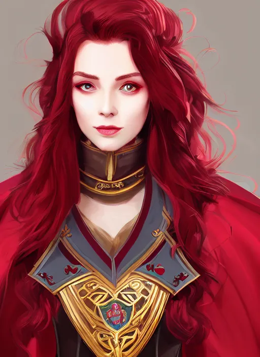 Image similar to a highly detailed illustration of beautiful long dark red haired woman wearing wine red epaulette uniform and coat cape, dramatic smiling pose, intricate, elegant, highly detailed, centered, digital painting, artstation, concept art, smooth, sharp focus, league of legends concept art, wlop