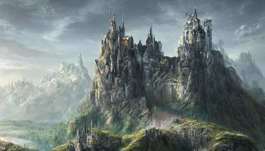 Prompt: A beautiful futuristic castle in a valley, incredibly detailed matte painting, digital art