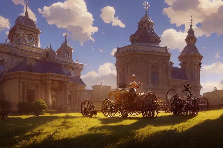 Image similar to a driving ornate baroque church mounted on chainwheels, scene in an open field. key visual, conceptart, ambient lighting, highly detailed, digital painting, artstation, concept art, sharp focus, by makoto shinkai and akihiko yoshida and greg manchess