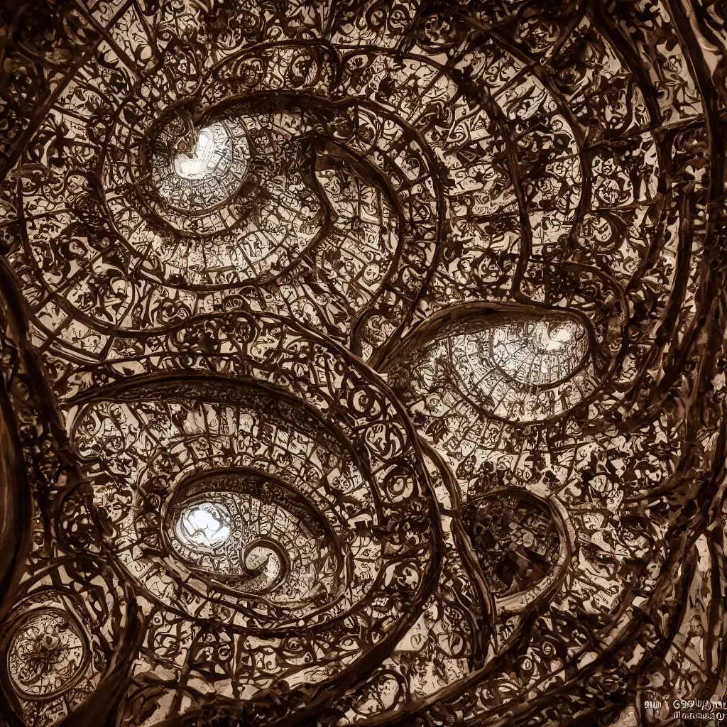 Image similar to , pareidolia. grand spiral stairs going down deep in the dark, with many doors ad ornamented widows, architecture by antoni gaudi, dramatic volumetric, cinematic light, cinematic photography, hyperrealist, high detailed