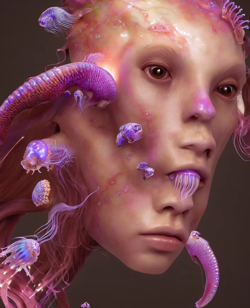 Image similar to goddess princess beautiful face close-up portrait ram skull zbrush sculpt. jellyfish phoenix head, nautilus, orchid, skull, betta fish, bioluminiscent creatures, intricate artwork by Tooth Wu and wlop and beeple. octane render, trending on artstation, greg rutkowski very coherent symmetrical artwork. cinematic, hyper realism, high detail, octane render, 8k