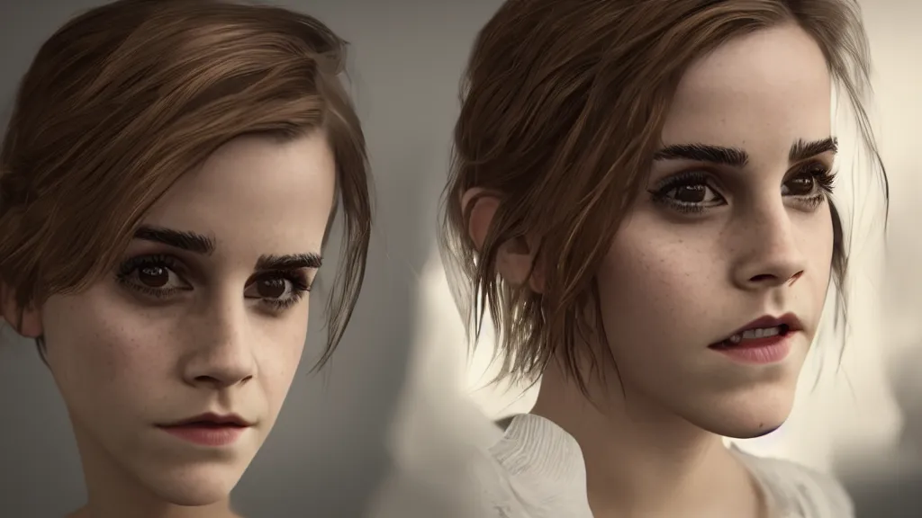 Prompt: a photorealistic dramatic emma watson looking into a broken mirror, ultra realistic details, glossy surface, global illumination, shadows, dark background, octane render, 8 k