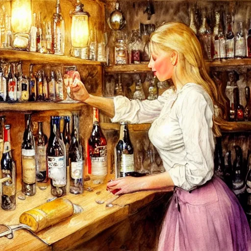 Image similar to hot blonde working in a wine cellar, food, pork, beer, schnapps, rustic, traditional, torches on the wall, watercolor by vladimir volegov and carl larsson