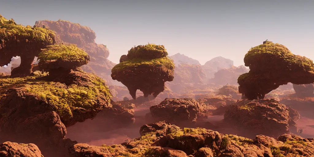 Prompt: alien landscape, floating islands, 8 k uhd, unreal engine, octane render in the artstyle of kuindzhi