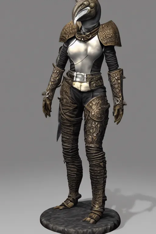 Image similar to female adventurer in tight full - body leather armor of argonian design with white porcelain crow mask, trending in artstation, establishing shot