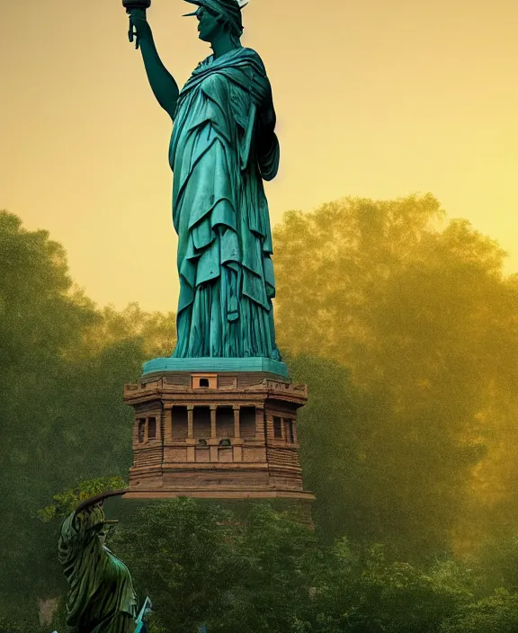 Image similar to highly detailed digital matte painting of a Lady Liberty statue with a few vines and nature with overgrowth Full shot. By Raphael LaCoste and Ruan Jia and Robert McCall, postcyberpunk, geodesic dome, hyperdetailed, sunrise, wide shot, autochrome, octane render