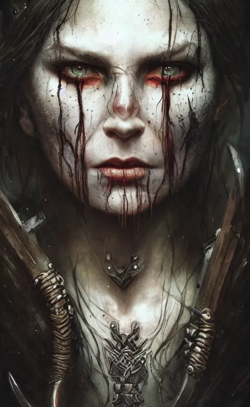 Image similar to Official photo of a majestic fierce viking woman, leader, fear, scarred, highly detailed, viking attire, cinematic, 8k, 1080s, by Stanley Artgermm, Tom Bagshaw, Greg Rutkowski, Vincent di Fate, Carne Griffiths, Ayami Kojima, trending on DeviantArt, hyper detailed, full of color, digital art