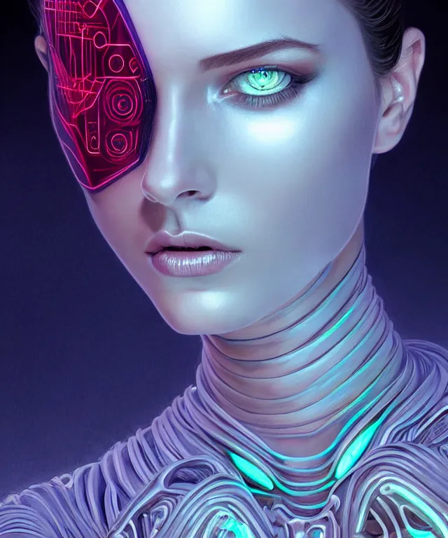 Image similar to Supermodel woman turning into an Android portrait, dark surrealism , scifi, intricate, elegant, sharp eyebrows, dark hair, highly detailed cybernetic body, neon glowing eyes, digital painting, artstation, concept art, smooth, sharp focus, illustration, art by artgerm and moebius and alphonse mucha