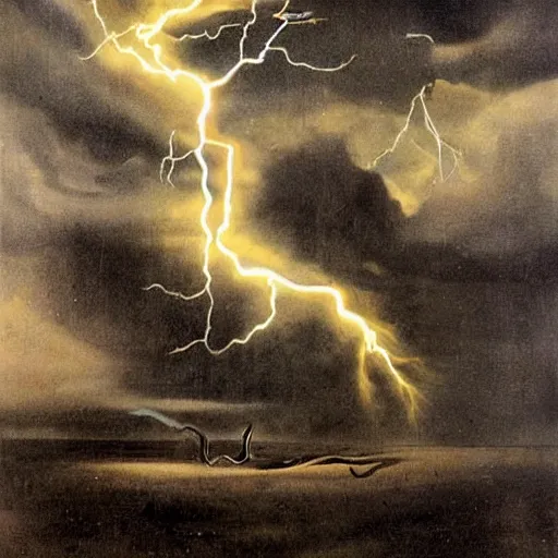 Prompt: all my worries as creatures climbing on my back, whispering on my ear every mistake. Dark, eerie, scary, dramatic lightning, by dali