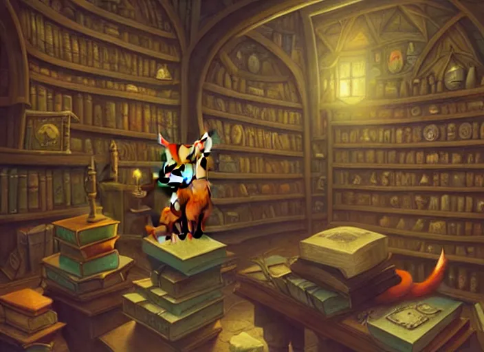 Prompt: matte sharp painting, a fox is standing in a magicians library, magic books, jars, potions, magical, medieval, atmospheric, juxtapoz, artforum, gary baseman, preston blair, tex avery, dan mumford, pedro correa