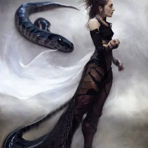 Prompt: nagini, female, long, black scales, chest coverd, cinematographic shot, by daniel f. gerhartz