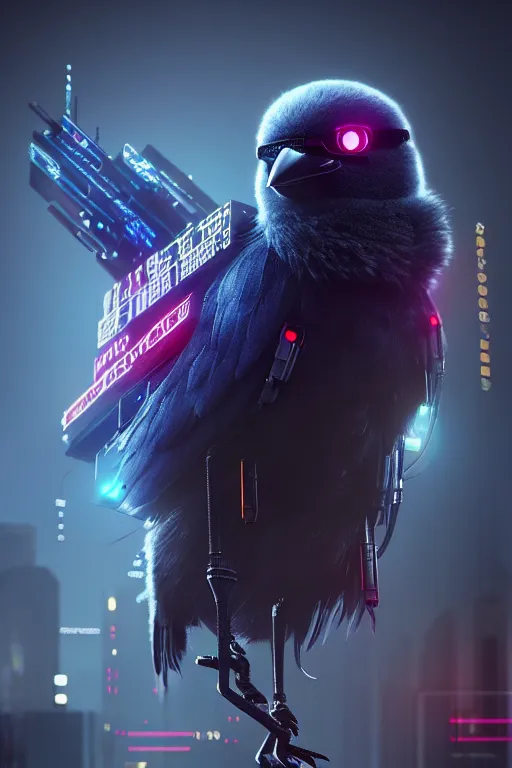 Image similar to high quality 3 d render very cute cyborg crow! incorporated speakers!, cyberpunk highly detailed, unreal engine cinematic smooth, in the style of blade runner & detective pikachu, hannah yata charlie immer, moody light, low angle, uhd 8 k, sharp focus