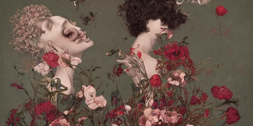 Image similar to breathtaking detailed concept art painting blend of red short curly hair goddesses of flowers by hsiao - ron cheng with anxious piercing eyes, vintage illustration pattern with bizarre compositions blend of flowers and fruits and birds by beto val and john james audubon, exquisite detail, extremely moody lighting, 8 k