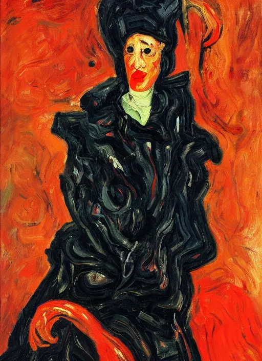 Prompt: an oil portrait of an extremely interesting looking woman in a black fury coat and red dress, a sophisticated composition, in expressive style of Chaim Soutine and Frank Auerbach and Van Gogh, complimentary palette