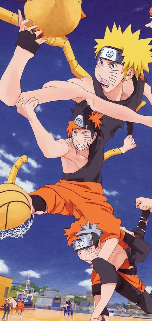 Prompt: naruto dunking a basketball while eating ramen on a basketball court, anime art