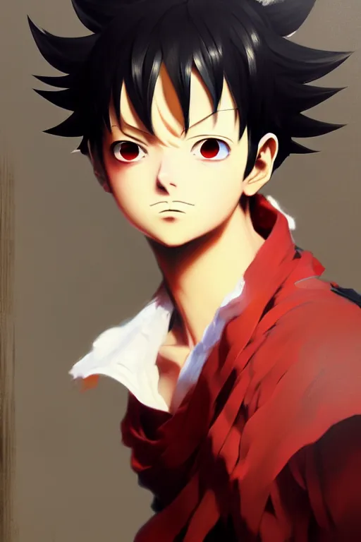 Image similar to baroque oil painting full body portrait character concept art, anime key visual of luffy studio lit directed gaze, trending on pixiv fanbox, painted by greg rutkowski makoto shinkai takashi takeuchi studio ghibli