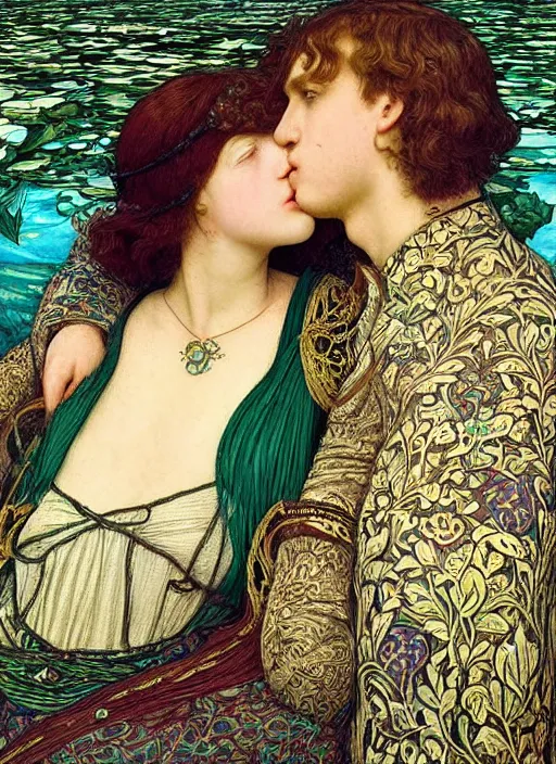 Image similar to detailed colourful masterpiece of intricate preraphaelite art nouveau photography couple portrait sat down extreme closeup, love, inside an underwater train, detailed realistic expressions, wearing unusual clothes, by ford madox brown and frederic leighton and john william waterhouse and william morris, ultra wide angle