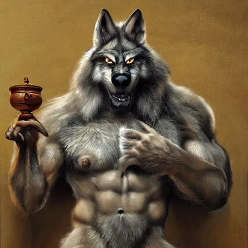 Image similar to wolf werewolf wolfman furry hairy fluffy bodybuilder wearing a monk robes holding incense burner. natural lighting by ruan jia, portrait