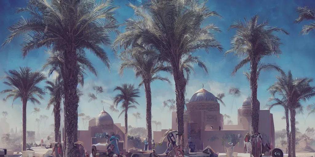 Prompt: Futuristic Morocco, palm trees , Moroccan mosque ,WLOP, flying cars ,James Jean, tom bagshaw, rococo, trending on artstation, fantasy, intricate, elegant, highly detailed, digital painting, concept art, smooth, illustration, cinematic lighting, hyper realism, octane render, 8k, hyper detailed.