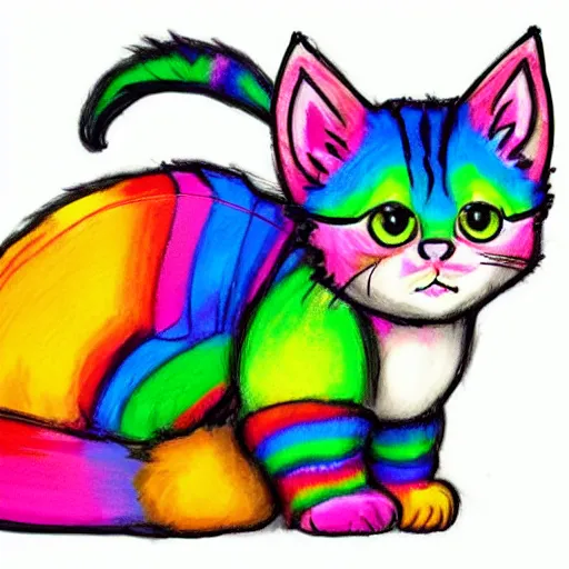 Image similar to wide angle full body, of a fluffy cute rainbow kitten wearing a black leather motorcycle jacket, concept art