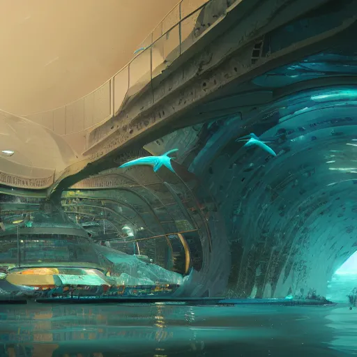 Image similar to underwater spy facility in atlantic the hidden city, intricate artwork, by tooth wu, wlop, beeple, dan mumford. concept art, octane render, trending on artstation, greg rutkowski very coherent symmetrical artwork. key art, high detail, octane render, 8 k, iridescent accents