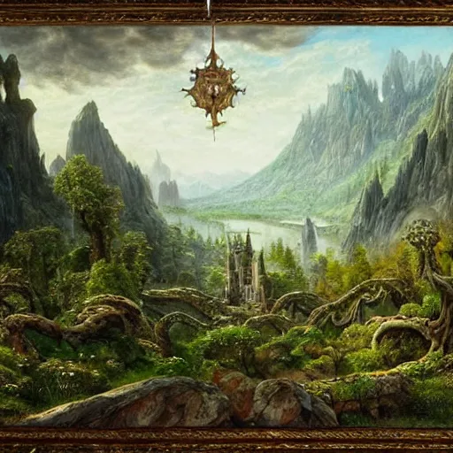 Image similar to a beautiful and highly detailed epic oil painting of an elven palace in the mountains, lush valley, beautiful trees, tangled rune vines, ancient stone runes, intricate details, epic scale, insanely complex, 8 k, sharp focus, hyperrealism, fantasy landscape, psychedelic, by caspar friedrich, brian froud, albert bierstadt,