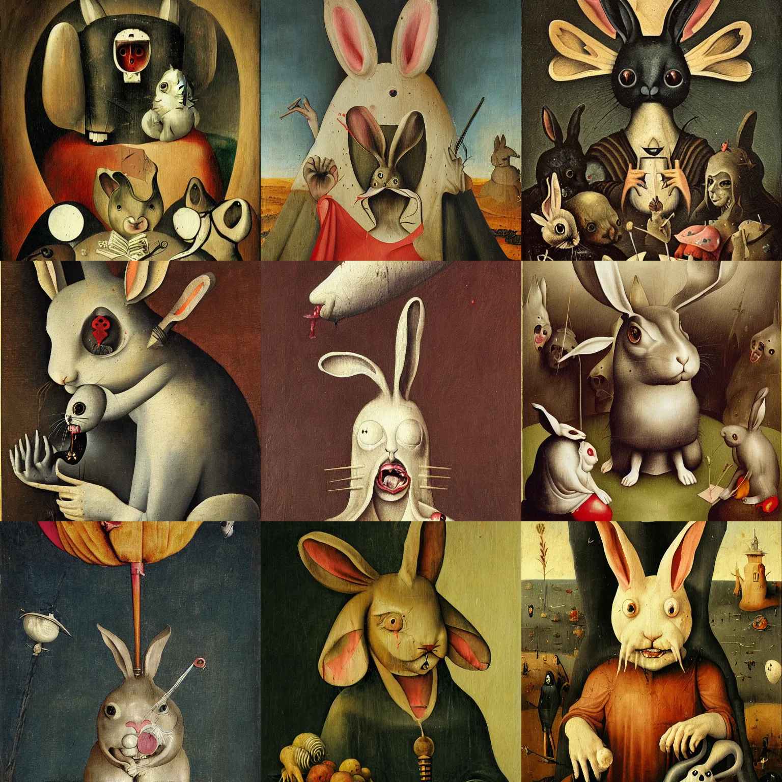 Prompt: a painting of a rabbit with a bloody face, a surrealist painting by Hieronymus Bosch, behance, pop surrealism, grotesque, tarot card, flemish baroque