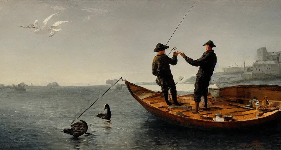 Prompt: painting of a fisherman and a cormorant on a fishing boat in romantic style, sfumato