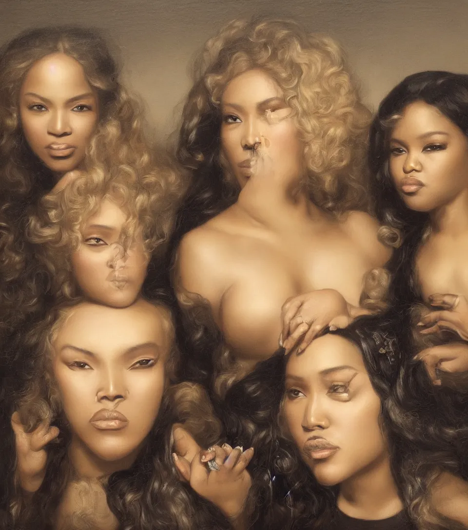 Image similar to portrait of beyonce and lil kim in the style of roberto ferri