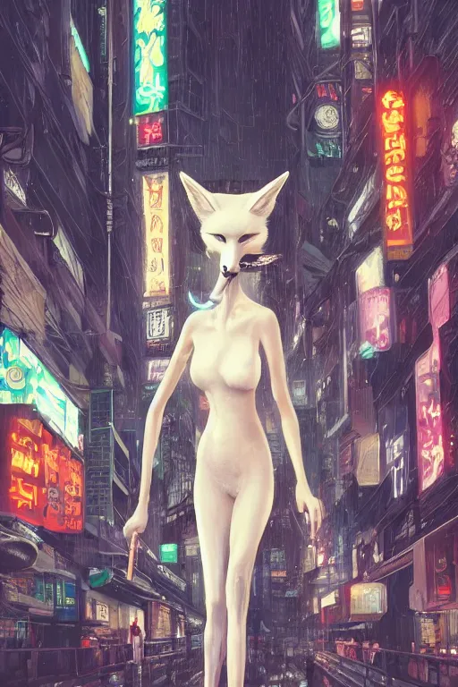 Image similar to beautiful portrait of a tall white female anthro fox smoking a cigarette towering head and shoulders above the bustling crowd of a rainy city street around her, cyberpunk clothes, cyberpunk, harsh neon lights, highly detailed, sharp focus, digital painting, illustration, trending on artstation, art by sakimichan, wlop, greg rutkowski
