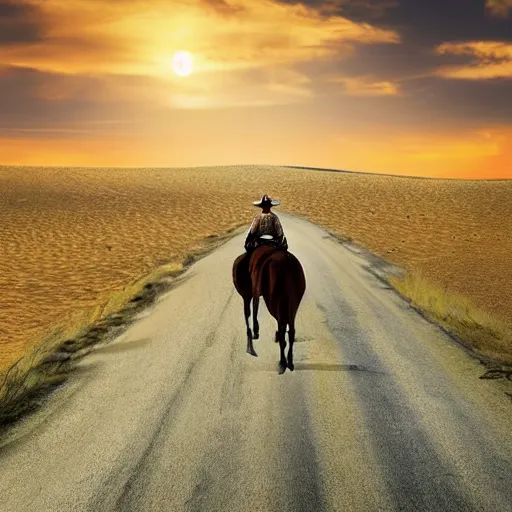 Image similar to lone cowboy walking his horse down a road into the sunset, desert, real photo, photo realism, sad