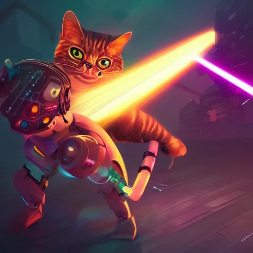 Image similar to cute modern cyberpunk cat fighting with a laser sword, full body, artstation, highly detailed, colorfull, digital painting, deep focus, sharp, smooth, rossdraws, dinamic lighthing, cinematic, hd wallpaper