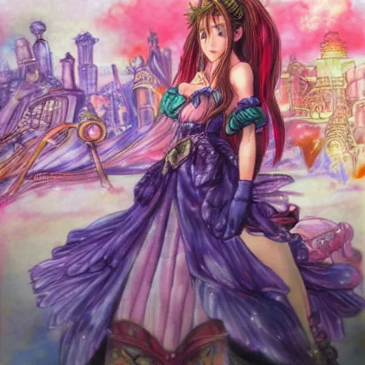 Image similar to a dreamy colorful drawing of aerith gainsborough from from final fantasy 7 with the steam punk city midgard as backdrop by master artist yoshitaka amano