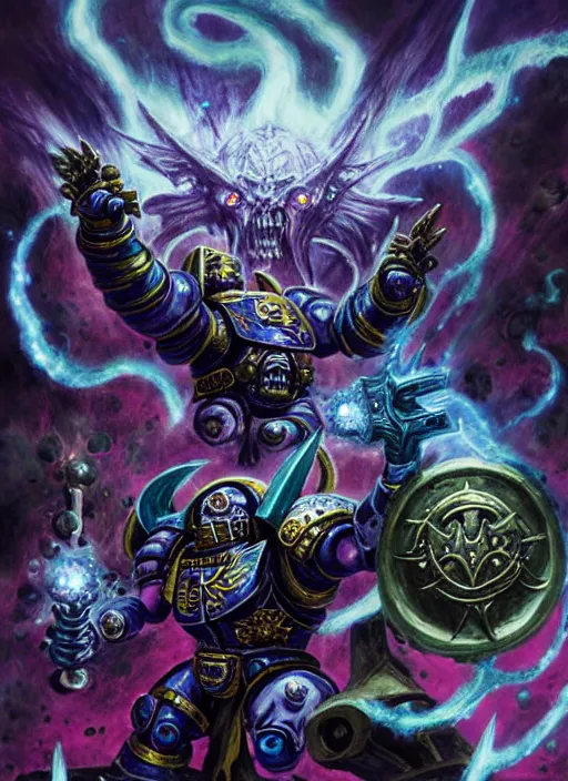 Image similar to space marine of tzeentch, evil warp energy, warp runes in air, warp lightning, screaming, intricate, warhammer, warhammer 4 0 k, highly detailed, digital painting, concept art, sharp focus, illustration, psychedelic, grim dark, moody, gloomy, art by john blanche, by pedro nunez, by jaime martinez, by nacho molina